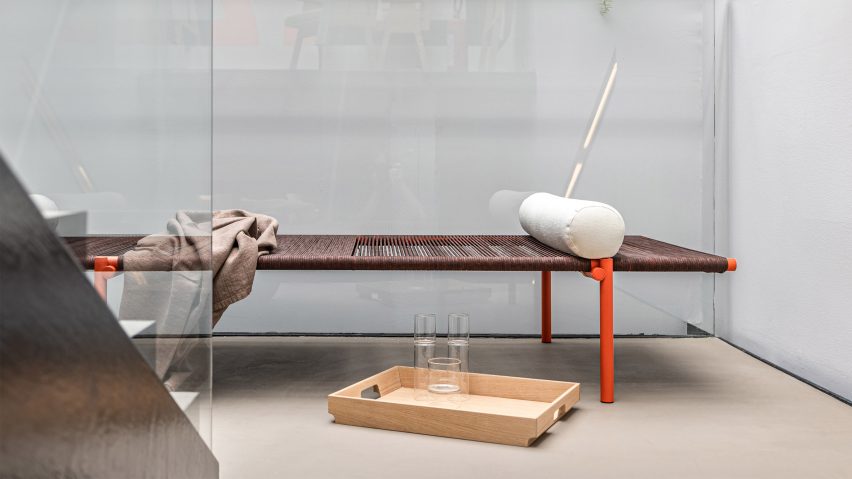 Rendez-vous bench by Agape in an outdoor wet room
