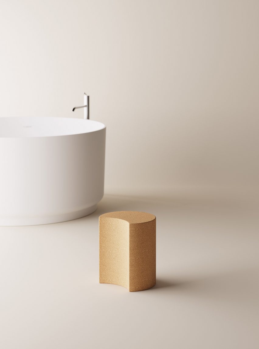 Vis-a-vis cork stool by Agape in a bathroom