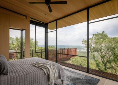 Bedroom overlooking cantilevered deck