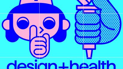 Design and Health exhibition graphic featuring cartoon nurse
