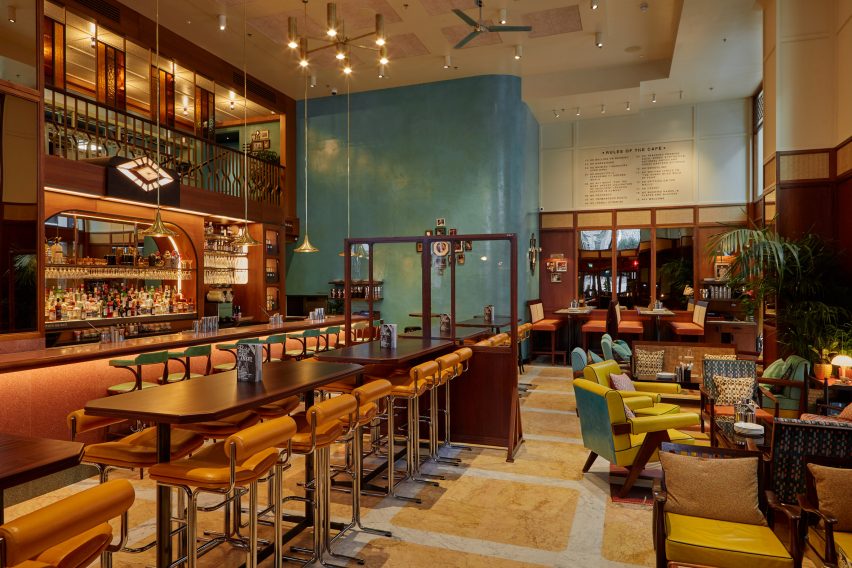 Teal wall in Dishoom Canary Wharf
