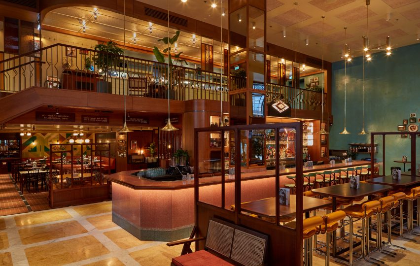 Bar and mezzanine kitchen in Dishoom Canary Wharf