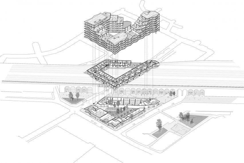 Axonometric of Dockley Apartments in London by Studio Woodroffe Papa and Poggi Architecture