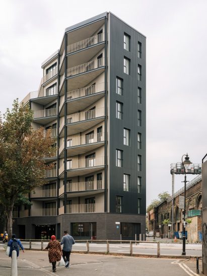 Exterior of Dockley Apartments in London by Studio Woodroffe Papa and Poggi Architecture