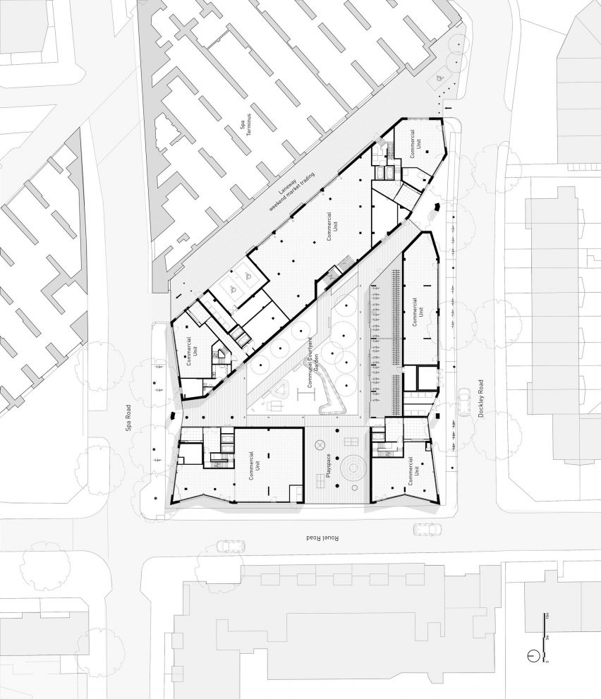 Ground floor plan of Dockley Apartments in London by Studio Woodroffe Papa and Poggi Architecture