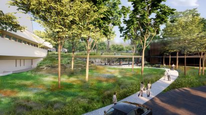 Rendering showing grounds around Frank Lloyd Wright Texas building