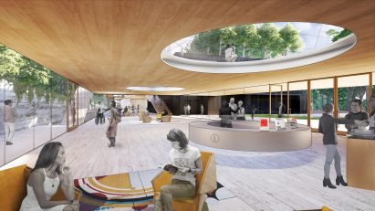 Mass timber building with oculus rendering