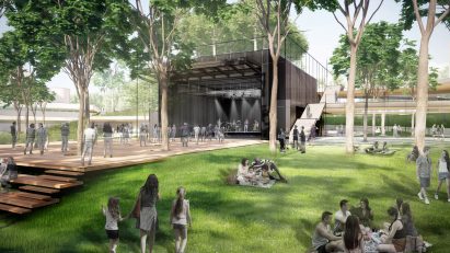 Mass timber pavilion around Frank Lloyd Wright Texas theatre