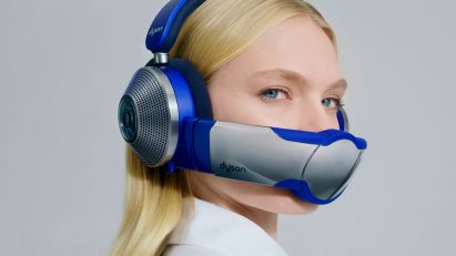 A woman wearing the Dyson Zone visor