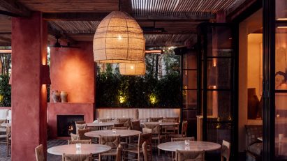 Pink plaster patio at Great White Melrose restaurant
