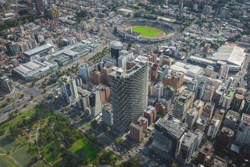 Exterior of Iqon tower in Quito by BIG