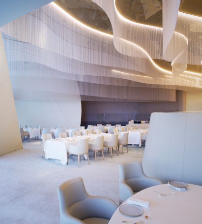 Ceiling decorated with Swarovski crystals inside restaurant