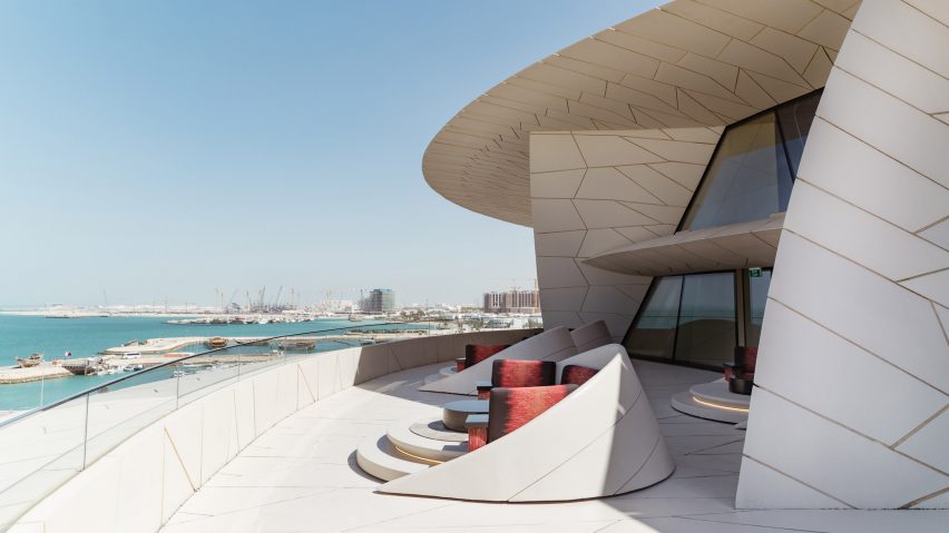 White terrace with rounded restaurant booths