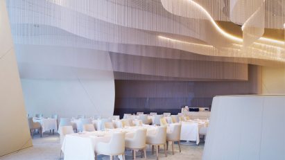 Ceiling decorated with Swarovski crystals inside restaurant