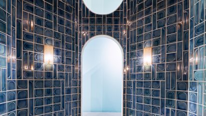Kohler installation featuring blue ceramic files
