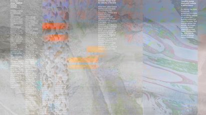 Text from Manifesto for Canadian design overlaid onto collage backdrop of landscapes