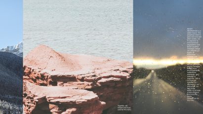 Photos of Canadian countryside overlaid with text from Lemay's Manifesto for Canadian design