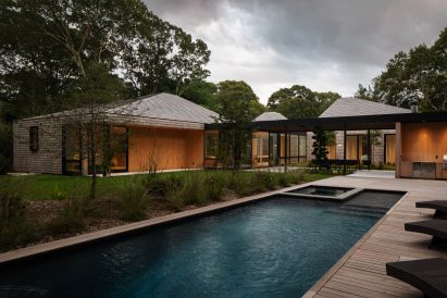 Rectilinear swimming pool at a house in The Hamptons