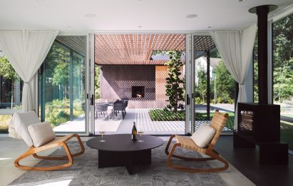 Interior living area view of house clad with cedar shingles