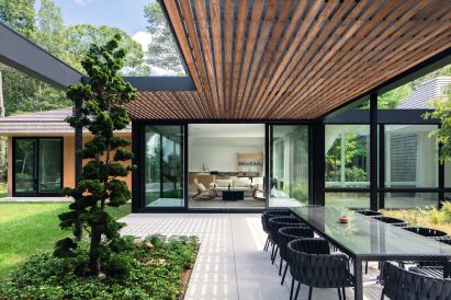 Covered patio with cedar shingles