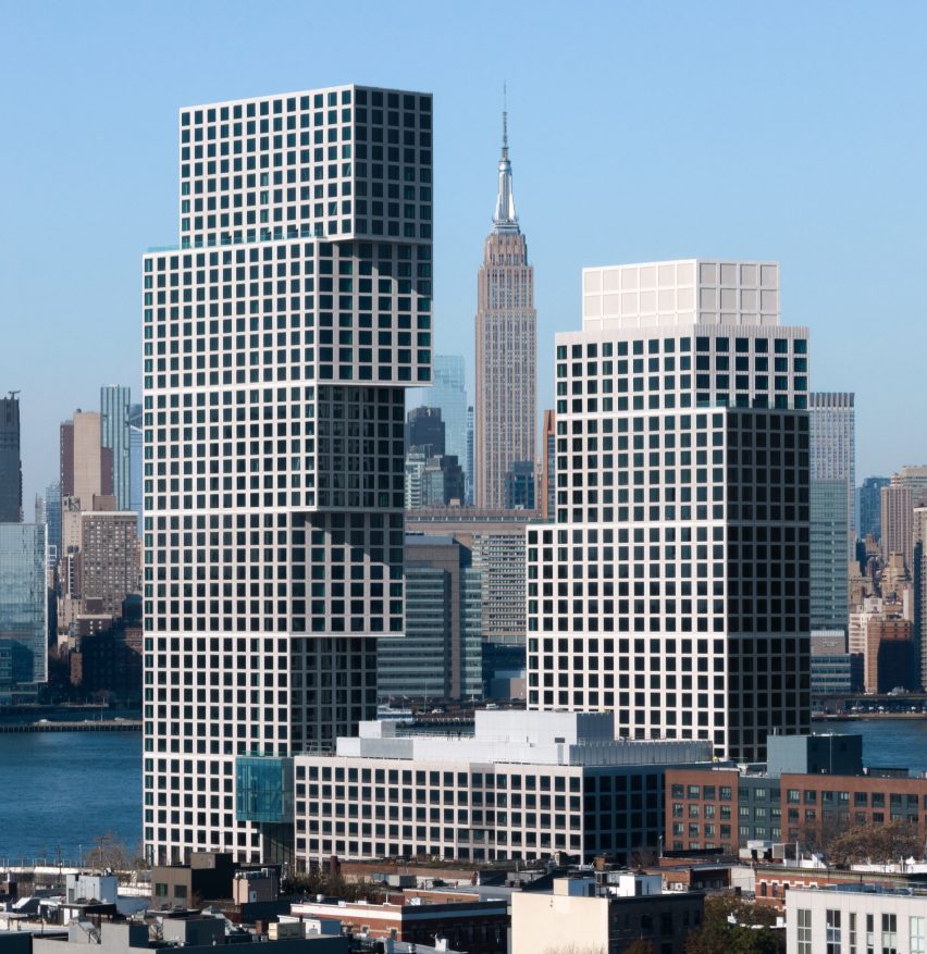 Stacked skyscraper in Brooklyn with Empire State Building in background