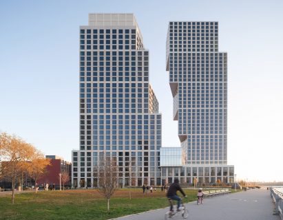 Stacked skyscrapers by OMA viewed from the side