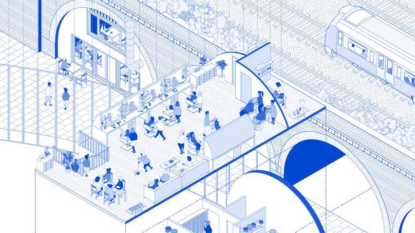 Blue and white isometric drawing of a cultural space under arches by Theatrum Mundi student
