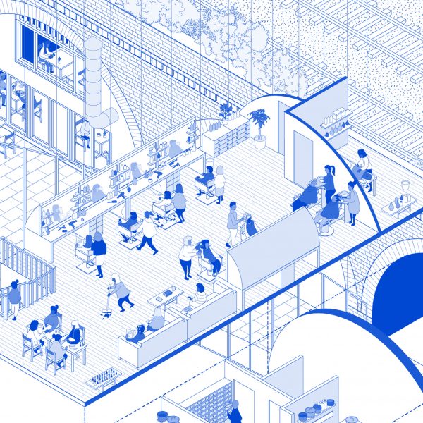 Blue and white isometric drawing of a cultural space under arches by Theatrum Mundi student