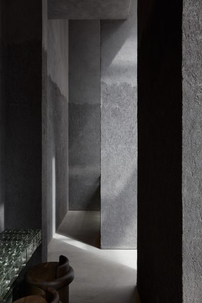 Clay pillars at entrance of Origami sushi restaurant