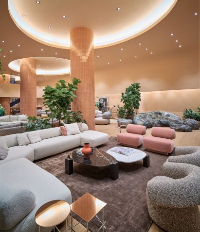 Terracotta-clad columns in Moroso showroom