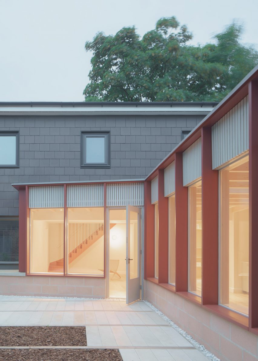 Exterior of London house with pale red pillars