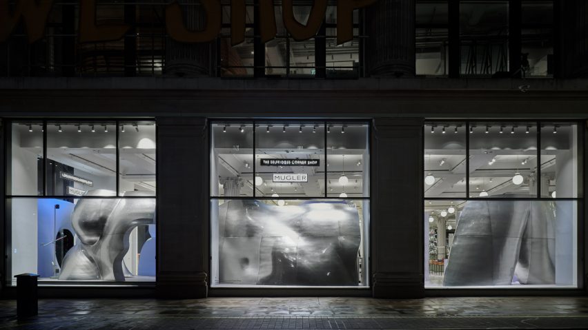 Exterior image of the window display at the Mugler pop-up