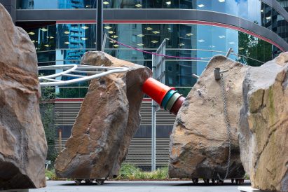plastic bucket at Mike Hewson's Rocks on Wheels playground sculpture in Melbourne