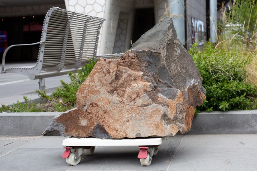 Rock on dolley at Mike Hewson's Rocks on Wheels playground sculpture in Melbourne