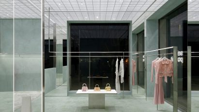 Interior image of the mint coloured Self-Portrait store
