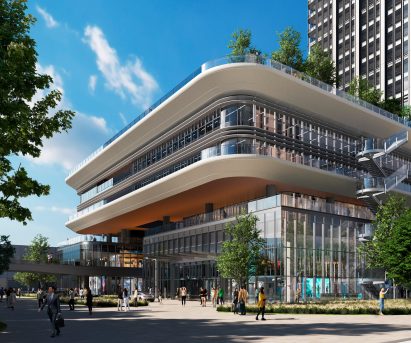 Render of the base of Shenzhen-Hong Kong Innovation Integrated Service Centre skyscraper in China