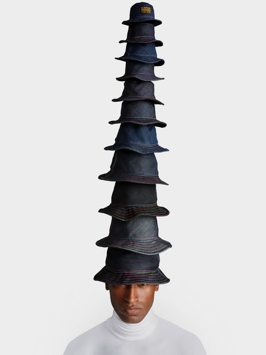 Stephen Jones collaborates with G-Star Raw to create couture denim hats