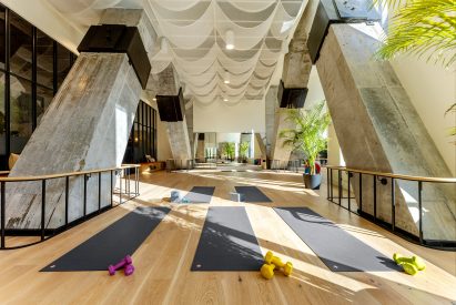 Concrete trusses in fitness deck of brooklyn skyscraper