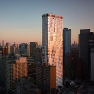 11 Hoyt skyscraper recflecting the sunset with downtown brooklyn in background