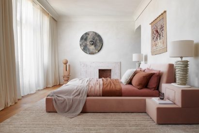 Bedroom with pink bed in The Palace Gate by Tala Fustok