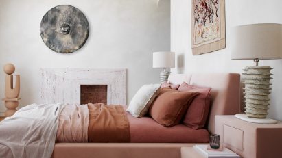 Bedroom with pink bed in The Palace Gate by Tala Fustok