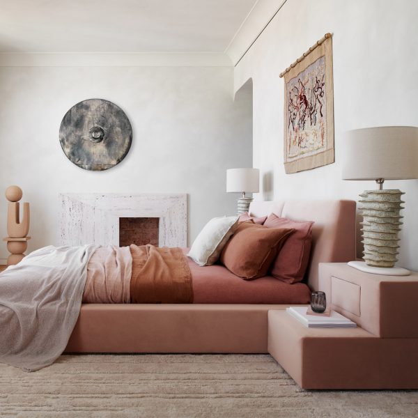Bedroom with pink bed in The Palace Gate by Tala Fustok