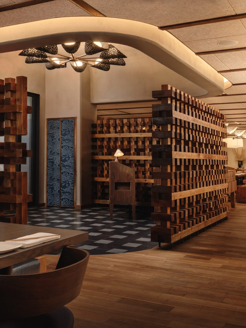 Wood lattice surrounding the entryway