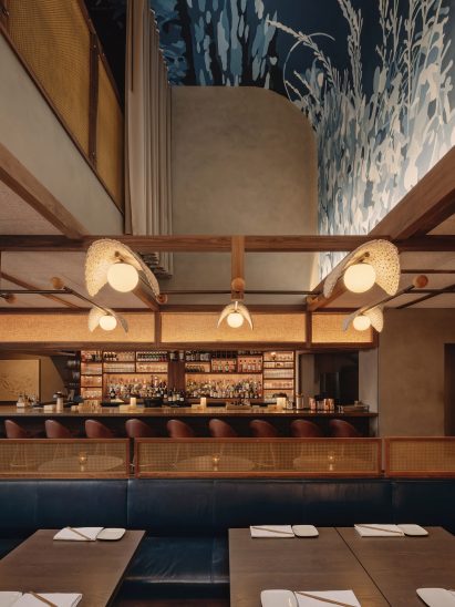 Blue mural curves up towards mezzanine level
