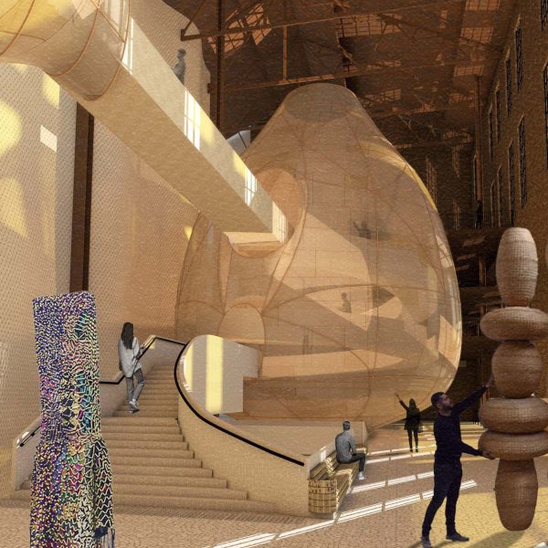 Visualisation showing nest structure suspended in lofty interior