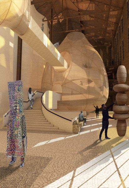 Visualisation showing nest structure suspended in lofty interior