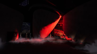 Visualisation showing dark backstage space with red lighting