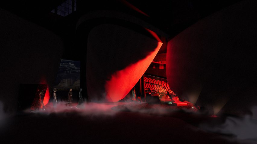 Visualisation showing dark backstage space with red lighting
