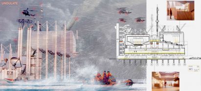 Board showing visualisations and technical drawings