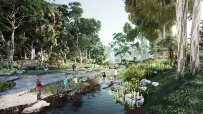 Visualisation showing forest environment with river running through